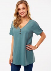Green Button Short Sleeve V Neck Shirt | thumb picture 