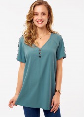 Green Button Short Sleeve V Neck Shirt