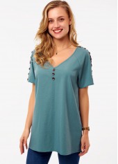 Green Button Short Sleeve V Neck Shirt | thumb picture 