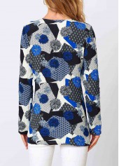 Blue Lace Floral Print Long Sleeve V Neck Shirt | thumb picture 