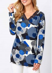 Blue Lace Floral Print Long Sleeve V Neck Shirt | thumb picture 