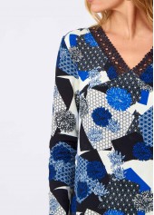 Blue Lace Floral Print Long Sleeve V Neck Shirt | thumb picture 