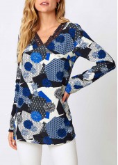 Blue Lace Floral Print Long Sleeve V Neck Shirt