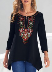 Tribal Print Black Asymmetric Hem T Shirt
