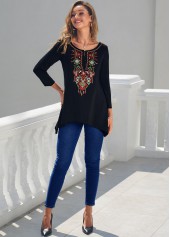 Tribal Print Black Asymmetric Hem T Shirt | thumb picture 