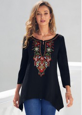 Tribal Print Black Asymmetric Hem T Shirt | thumb picture 