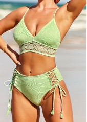 Mint Green Cross Strap Lace Panel Bikini Set