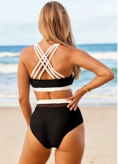 High Waisted Cross Strap Contrast Bikini Set | thumb picture 