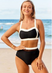 High Waisted Cross Strap Contrast Bikini Set