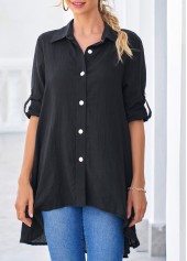 Black Roll Tab Sleeve Dip Hem Button Up Blouse