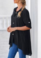 Black Roll Tab Sleeve Dip Hem Button Up Blouse