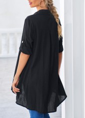 Black Roll Tab Sleeve Dip Hem Button Up Blouse
