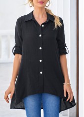 Black Roll Tab Sleeve Dip Hem Button Up Blouse