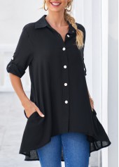Black Roll Tab Sleeve Dip Hem Button Up Blouse