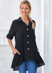 Black Roll Tab Sleeve Dip Hem Button Up Blouse