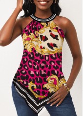 Leopard Baroque Print Bib Neck Rose Red Tank Top