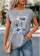 Light Grey Marl Floral Print T Shirt