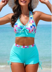 Cyan Criss Cross Mid Waisted Geometric Print Bikini Set | thumb picture 