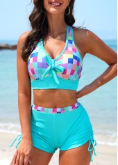 Cyan Criss Cross Mid Waisted Geometric Print Bikini Set