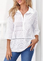 White Turndown Collar Hollow Embroidery Blouse