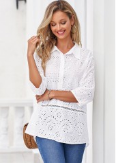 White Turndown Collar Hollow Embroidery Blouse