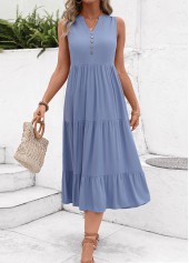 Dusty Blue Button A Line Sleeveless Dress