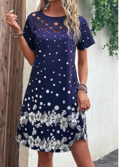 Navy Cut Out Floral Print H Shape Dress