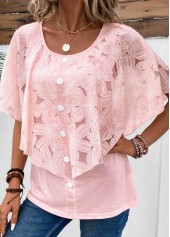 Pink Button Half Sleeve Fake Two Piece Twinset | thumb picture 