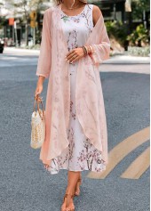 Pink Floral Print Maxi Long Sleeve Dress and Cardigan