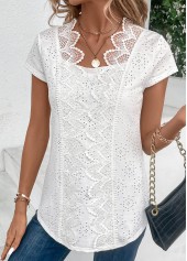 White Patchwork Short Sleeve Scoop Neck Blouse | thumb picture 