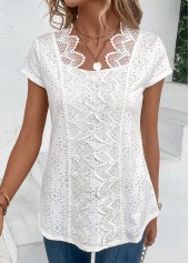 White Patchwork Short Sleeve Scoop Neck Blouse