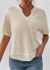 Beige Pocket Short Sleeve Split Neck T Shirt