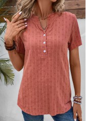 Coral Button Striped Short Sleeve Split Neck Blouse | thumb picture 