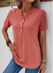 Coral Button Striped Short Sleeve Split Neck Blouse | thumb picture 