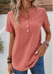 Coral Button Striped Short Sleeve Split Neck Blouse