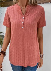 Coral Button Striped Short Sleeve Split Neck Blouse | thumb picture 