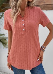 Coral Button Striped Short Sleeve Split Neck Blouse | thumb picture 