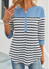 Sky Blue Button Split Striped Blouse | thumb picture 