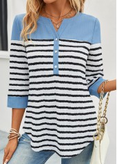 Sky Blue Button Split Striped Blouse | thumb picture 