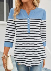 Sky Blue Button Split Striped Blouse | thumb picture 