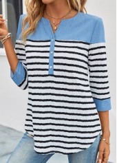 Sky Blue Button Split Striped Blouse | thumb picture 