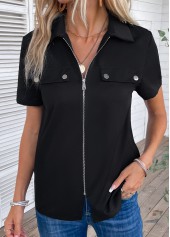 Black Zipper Short Sleeve Turn Down Collar Blouse | thumb picture 