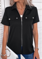 Black Zipper Short Sleeve Turn Down Collar Blouse | thumb picture 