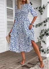 Blue Smocked Ditsy Floral Print Half Sleeve Dress | thumb picture 