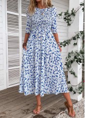 Blue Smocked Ditsy Floral Print Half Sleeve Dress | thumb picture 