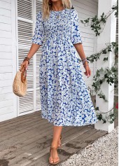 Blue Smocked Ditsy Floral Print Half Sleeve Dress | thumb picture 