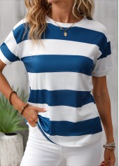 Blue Striped Short Sleeve Round Neck T Shirt