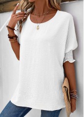 White Smocked Half Sleeve Round Neck T Shirt