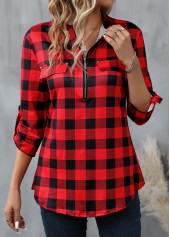 Red Zipper Plaid Long Sleeve High Neck Blouse | thumb picture 