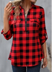 Red Zipper Plaid Long Sleeve High Neck Blouse